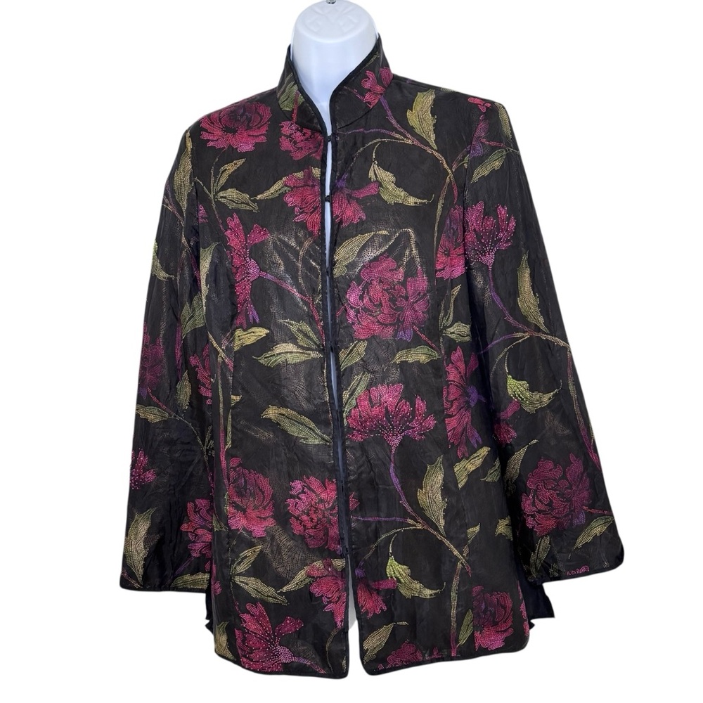 Vintage Chico’s Silk Organza Beaded Metallic Floral Evening Jacket Size 0